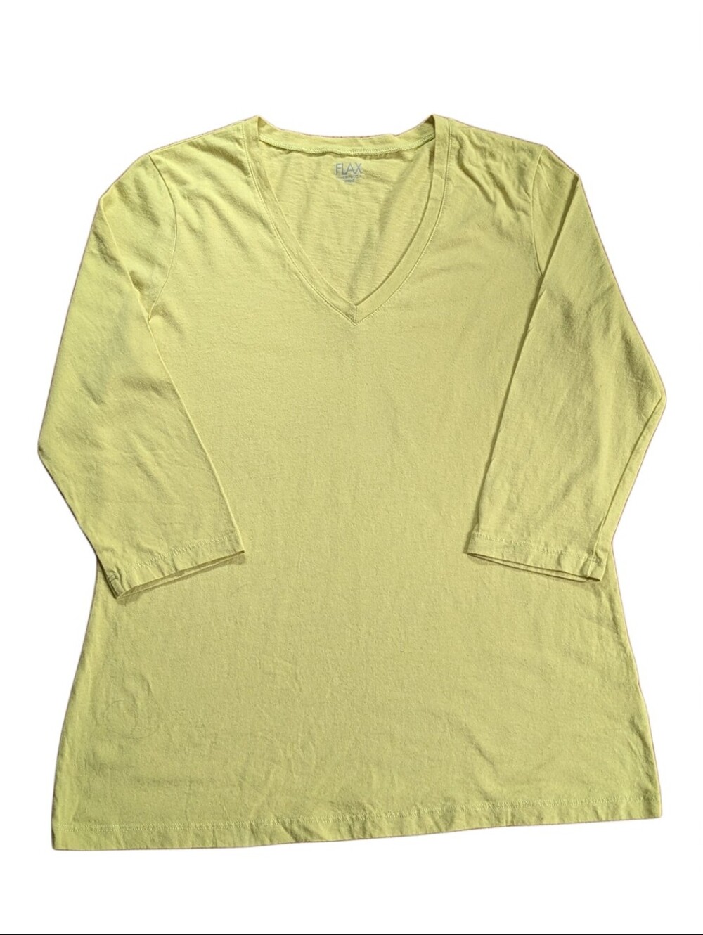FLAX 100% Cotton V Neck 3/4 Sleeve Yellow Bohemian Style Art To Wear Shirt